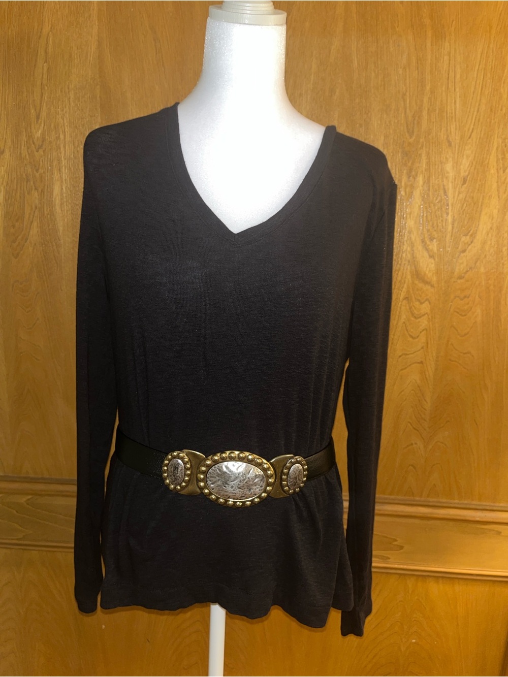 S/M Chico's Vintage Black Leather Gold Silver Medallion Buckle Adjustable